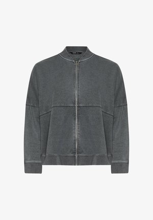 Veste bombardier zippée grise avec un col rond, coupe décontractée, poignets côtelés et coutures distinctives. Tissu doux et légèrement texturé.