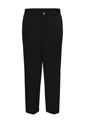 Pantalones negros de corte recto, con cierre delantero de botones y bolsillos laterales. Fabricados con una tela suave y texturizada.