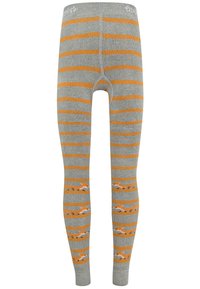 Grau gestreifte Strumpfhosen mit orangefarbenen horizontalen Streifen und einem strukturierten Muster mit kleinen Füchsen nahe den Knöcheln. Mischgewebe aus Baumwolle.