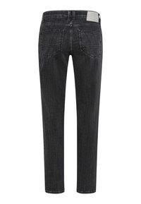 Jeans in denim neri con vestibilità slim, caratterizzati da un design a cinque tasche, cuciture visibili e un'etichetta sulla vita sul retro.