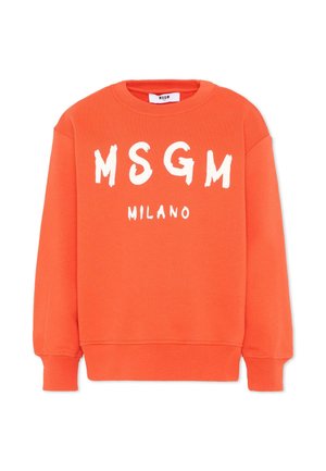 Sweat-shirt orange à manches longues avec les lettres blanches en gras "MSGM" et le texte plus petit "MILANO" sur le devant, doté d'un col rond et de poignets côtelés.