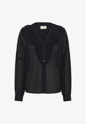 Blouse bleu marine avec un col en V, devant volanté et fermeture à boutons. Fabriquée en tissu léger avec des manches longues et des extrémités de manches à poignets.