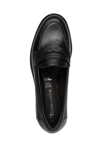 Schwarzer Lederloafer mit runder Zehenform, dekorativer Naht und Riemen über der Vorderseite. Glatte Textur und minimalistisches Design.