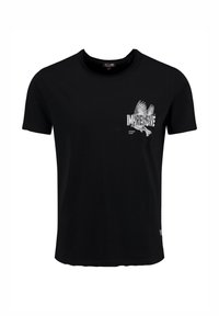 Zwarte T-shirt met korte mouwen, voorzien van een witte afbeelding van een vliegende vogel en het woord "IMPRESSIVE" op de bovenste linkerborst.