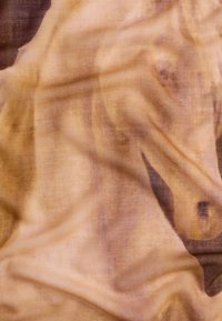 Szatkowany materiał satynowy w delikatnych beżowych i brązowych odcieniach, z subtelnym wzorem sylwetek koni, gładką teksturą i łagodnym układaniem.