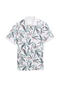 Polo majica od bijelog platna s uzorkom listova u crnoj, zelenoj i koraljnoj boji. Ima uspravni ovratnik i placket sa tri gumba.