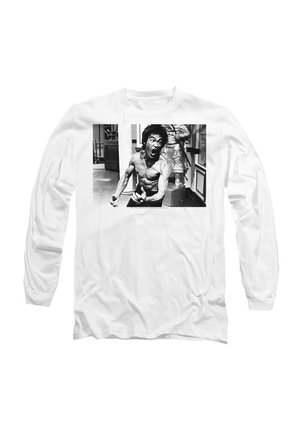 White long-sleeve t-shirt featuring a black-and-white graphic print of a muscular man in an expressive pose, with textured fabric.