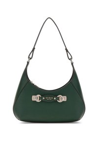 Bolso de cuero verde con una silueta curva, herrajes plateados, un parche con logo distintivo y una sola correa para el hombro. Cierre de cremallera.