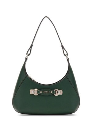 Sac à main en cuir vert avec une silhouette incurvée, quincaillerie en argent, une bande logo signature et une seule bandoulière. Fermeture éclair.