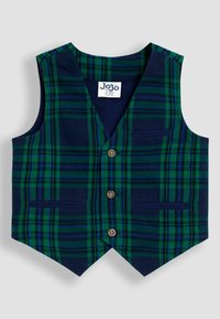 Gilet a scacchi verde e blu navy con scollatura a V, cinque chiusure a bottone marroni e due tasche frontali. Tessuto liscio, forma sartoriale e orlo appuntito.