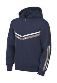 Jūras spēku zip-up kapuce ar kapuci, ar baltām un bēšām svītrām krūtīs un piedurknēs, izgatavota no mīksta, teksturēta auduma.
