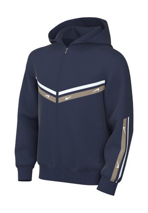 Jūras spēku zip-up kapuce ar kapuci, ar baltām un bēšām svītrām krūtīs un piedurknēs, izgatavota no mīksta, teksturēta auduma.