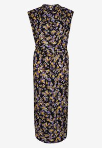 Kwiatowa sukienka maxi w czarnym materiale, z fioletowymi i żółtymi kwiatami, bez rękawów, z luźnym dekoltem oraz paskiem w talii z srebrnym okuciem.