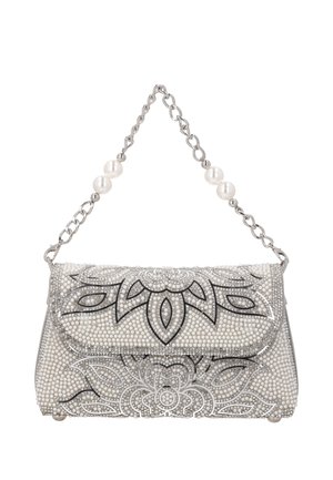Clutch-Tasche mit silberner Kettenhenkel und Perlenakzenten, dekoriert mit kunstvollen Perlen- und Strassblumenmustern.