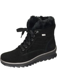 Botín negro de ante con forro de piel sintética, punta redonda, parte delantera con cordones, ojales metálicos y suela de goma texturizada con un ligero tacón.