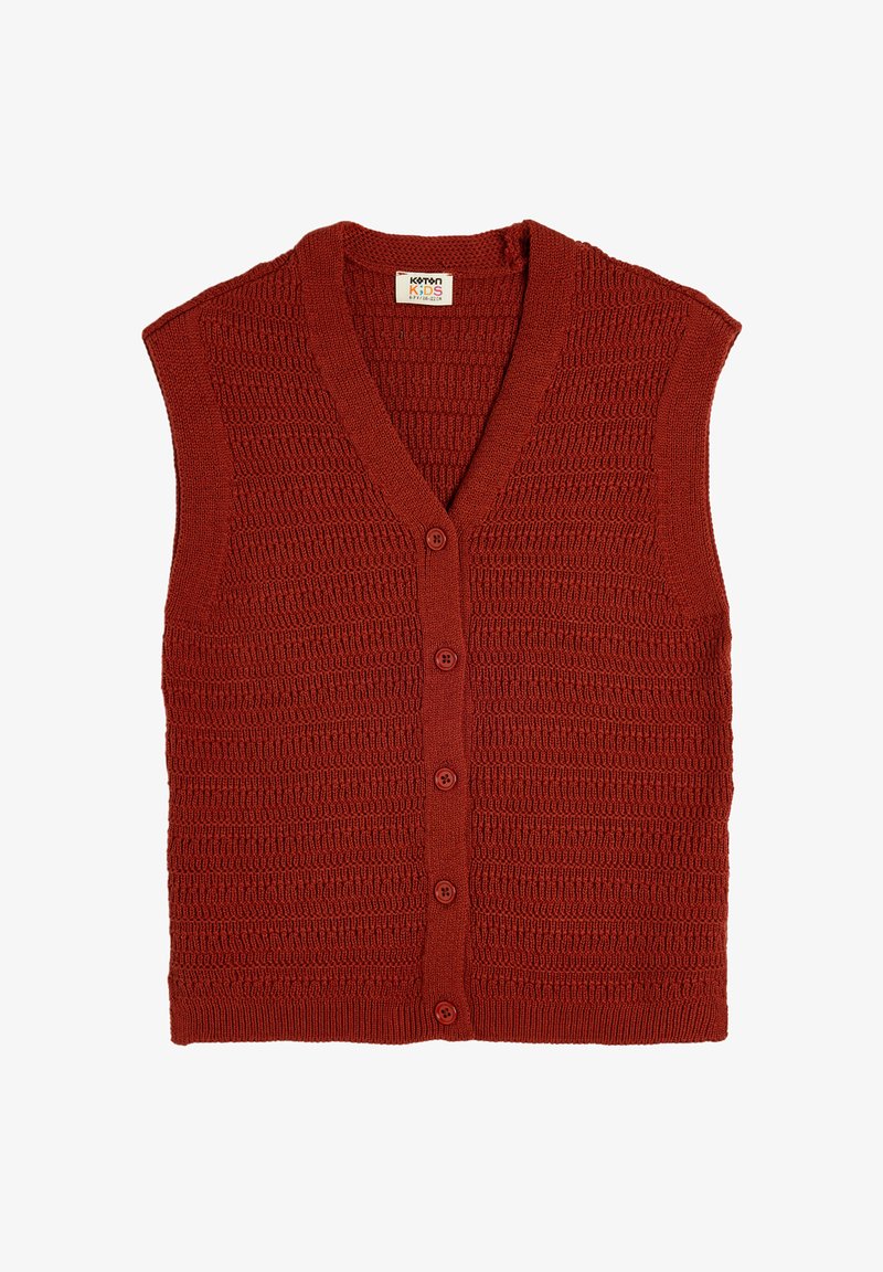 Rotes gestricktes ärmelloses Vest mit V-Ausschnitt, das ein strukturiertes Muster aufweist und fünf passende Knöpfe auf der Vorderseite hat.