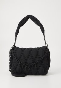 Quilted black handbag with a padded design, chain strap, and embossed logo. Features a smooth texture and diamond pattern.