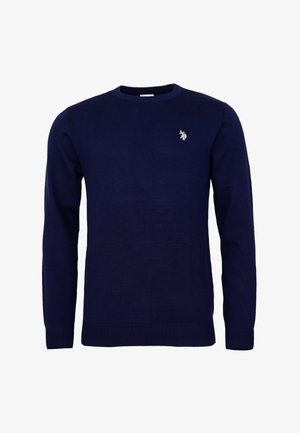 Suéter de cuello redondo de manga larga en azul marino con puños y dobladillo acanalados, que presenta un pequeño logotipo bordado en blanco en el pecho.