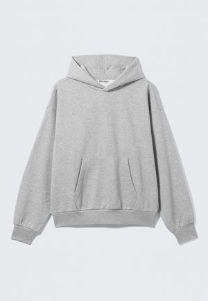 Light gray hooded sweatshirt with long sleeves, front kangaroo pocket, ribbed cuffs and hem, laid flat on a light background.