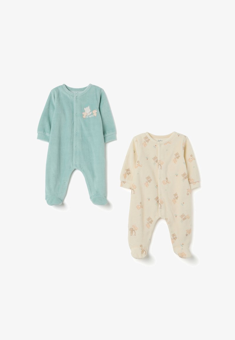 Due bodysuit per neonati: uno di un morbido teal con un design ricamato e l'altro di colore crema con una stampa di animali giocosa. Entrambi hanno maniche lunghe e bottoni a pressione.
