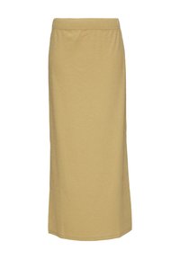 Knielange gele rok met een gestructureerd patroon, elastische tailleband en rechte silhouet, gemaakt van zacht, ademend materiaal.