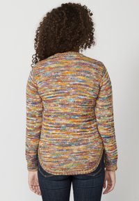 Bunt gestrickter Pullover mit langen Ärmeln, abgerundetem Saum und strukturiertem Stoff. Die Farben umfassen Gelb, Orange, Blau und Grüntöne.