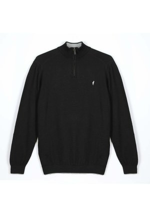 Pull-over noir à manches longues avec fermeture éclair quart de longueur et col montant, présentant un petit logo brodé blanc sur la poitrine gauche.