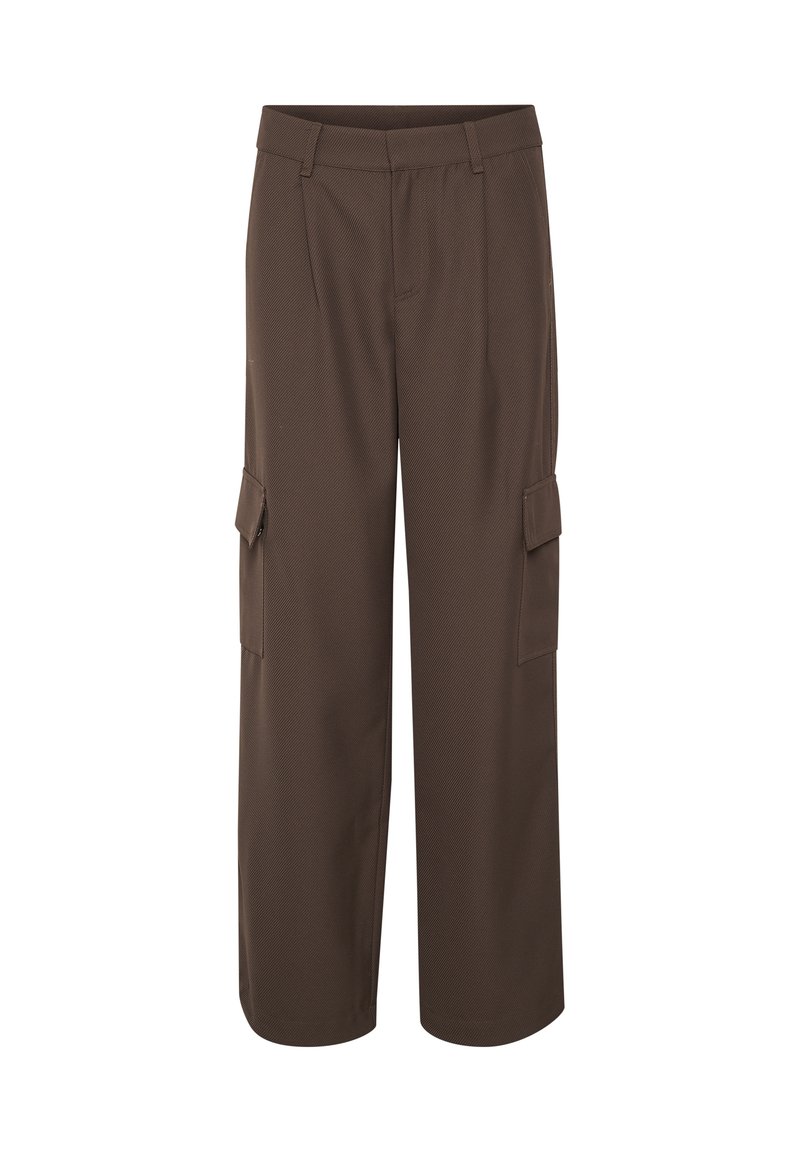 Pantalons cargo marron avec une finition texturée, dotés de poches latérales, d'une coupe droite et d'une taille mi-haute.