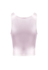 Hellrosa, ärmelloses Cropped Top aus glattem, glänzendem Stoff mit rundem Ausschnitt und figurbetontem Design, das eine schlichte, klare Silhouette präsentiert.