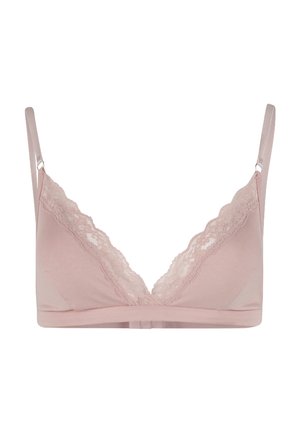 Helles rosa Bralette aus glattem Stoff, mit Spitzenbesatz entlang des Ausschnitts und verstellbaren Trägern für eine perfekte Passform. Weiche Textur, minimalistisches Design.