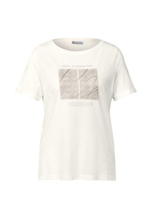 White cotton t-shirt with short sleeves, round neckline, and a printed graphic featuring the text "STAY CONNECTED" and abstract lines.
