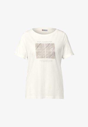 Biała bawełniana koszulka z krótkim rękawem, okrągłym dekoltem i nadrukowanym grafiką z tekstem "POZOSTAŃMY W KONTAKCIE" oraz abstrakcyjnymi liniami.