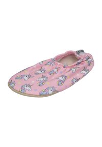 Pink slipper featuring a unicorn pattern, elasticized opening, soft fabric, and a smooth sole for comfort. Decorated with hearts.