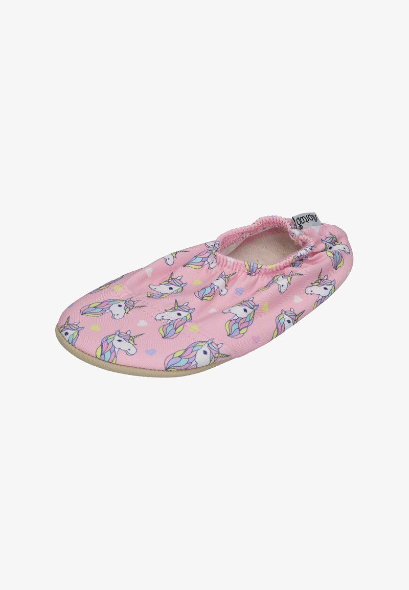 Pink slipper featuring a unicorn pattern, elasticized opening, soft fabric, and a smooth sole for comfort. Decorated with hearts.