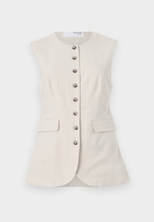 Beige lins ķermenis bez piedurknēm ar apaļu dekoltē, sešiem priekšējiem pogām un divām priekšējām kabatām. Pielāgota piegriezuma ar izplestu apakšdaļu.