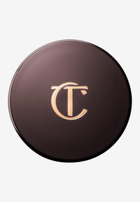 Round, dark brown compact with a glossy finish featuring a raised gold logo. Smooth texture with no visible patterns or accents.