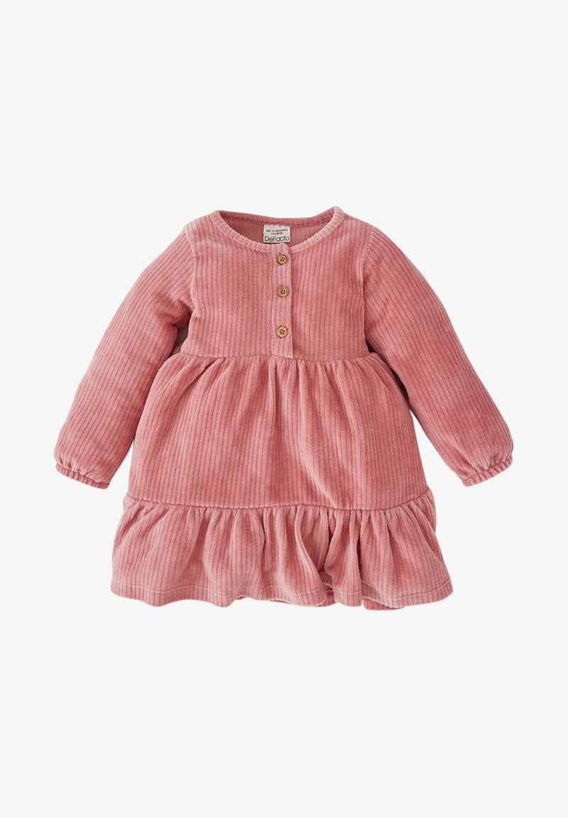Robe rose côtelée à manches longues pour tout-petit, col rond, trois boutons en bois sur la poitrine, poignets élastiques et ourlet volanté.