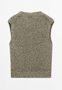 Maglione senza maniche lavorato a maglia con un motivo texturizzato e maculato marrone e grigio, con scollatura rotonda e bordo a costine.