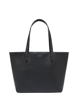 Sac fourre-tout en cuir noir avec surface texturée, deux longues poignées et un design minimaliste. Détail du logo à l'avant.