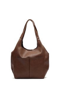 Borsa tote in pelle marrone con una texture liscia, forma arrotondata e due tasche frontali. Presenta manici corti rinforzati.