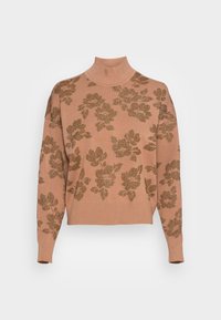 Pull à col roulé rose en matière tricotée douce avec un motif floral doré, poignets côtelés et ourlet légèrement raccourci.
