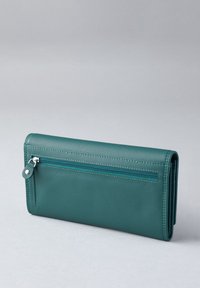 Teal leather wallet featuring a zippered compartment, smooth texture, rectangular shape, and stitching detail along the edges.