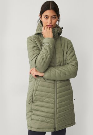Knee-length, olive green puffer jacket with a zip front, high collar, and side pockets. Features quilted pattern and adjustable hood.
