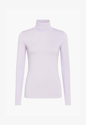 Maglione a collo alto lilla chiaro, maniche lunghe, design aderente, trama liscia, accenti di cucitura minimi vicino al colletto.