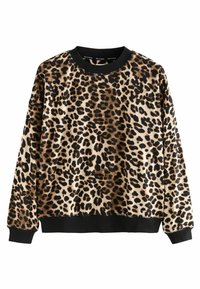 Mikina s leopardím vzorom v béžovej a čiernej farbe. Dlhé rukávy, okrúhly výstrih, rebrované manžety a spodný lem, mäkká textura, voľný strih.