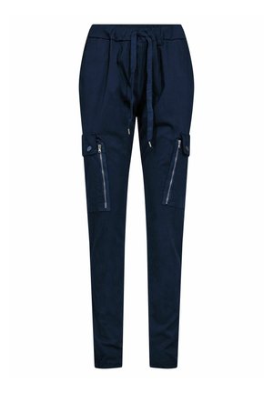 Pantalones cónicos azul marino de tela ligera con cintura elástica y cordón ajustable, dos bolsillos cargo con cremallera y una textura suave.