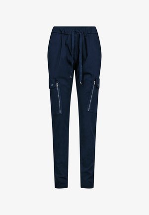 Tumed sinised kitsenevate säärtega püksid kergest kangast, millel on elastne vöökoht nööriga, kaks lukuga kaubataskut ja sile tekstuur.