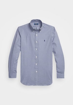 Blauw-wit geruit overhemd met lange mouwen, knopen en een button-down kraag met klein geborduurd logo op de borst.