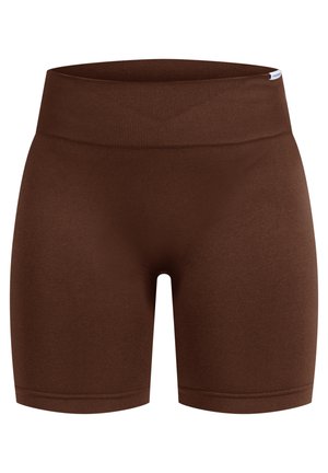 Bruine sportieve shorts gemaakt van een glad, elastisch materiaal met een geribbelde tailleband. Het ontwerp is aansluitend en heeft een lengte tot halverwege de dij.