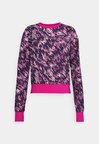 Lila, rosa und weiße, abstrakt gemusterte Sweatshirt mit rundem Halsausschnitt und langen Ärmeln. Verfügt über einen einfarbigen rosa Saum und Bündchen.